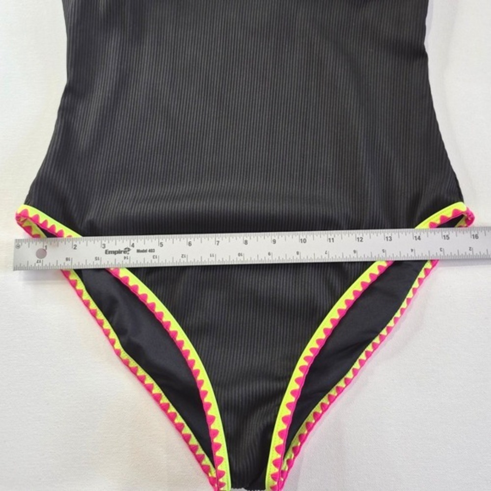 Popvil Womens One Piece Swimsuit Black Ribbed Neon Ric Rac Trim Size Large - Picture 2 of 7